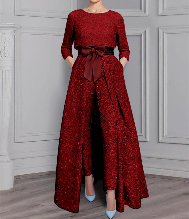 2 Pieces Scoop Long Sleeves Mother of the Bride Pantsuits with Sash ï¼?Sequins