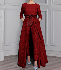 2 Pieces Scoop Long Sleeves Mother of the Bride Pantsuits with Sash ï¼?Sequins