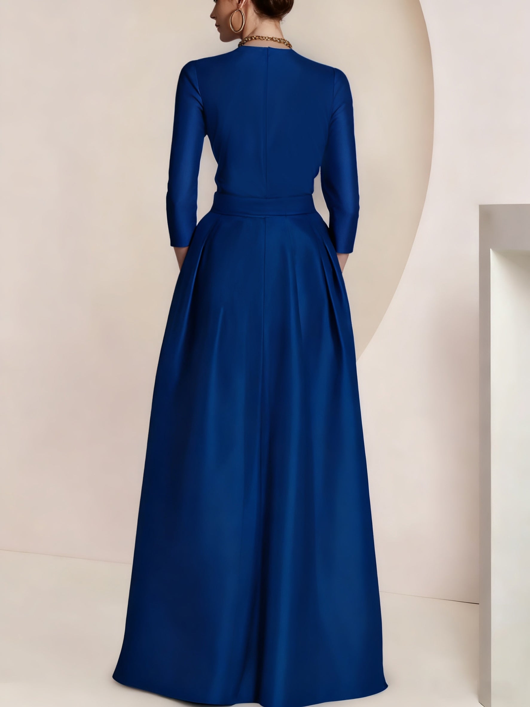 A Line/Princess V-Neck 3/4 Sleeves Floor-Length Mother of the Bride Dresses with Ruched, Draping, Split Front, Flower & Ruching