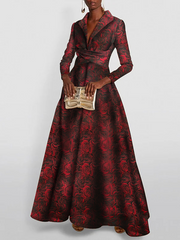 A-Line/Princess  Floral Print Red Rose Mother of the Bride & Groom Dresses with V-Neck Long Sleeves