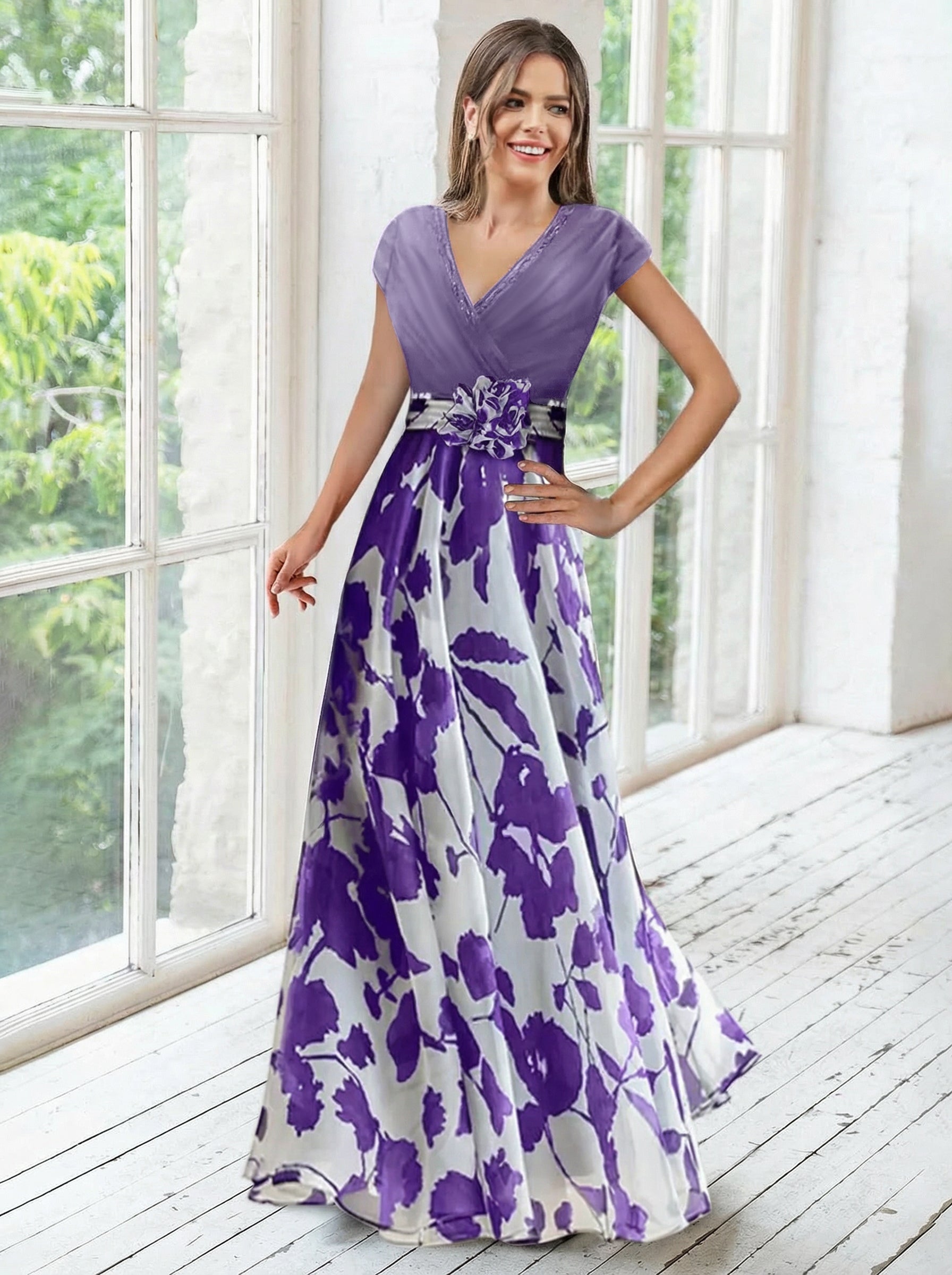 A Line/Princess V-Neck Short Sleeves Mother of the Bride Dresses With Flower & Ruches