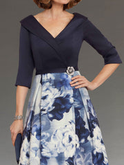 A Line/Princess V-Neck 3/4 Sleeves Tea-Length Floral Mother of the Bride Dresses With Printed Flowers