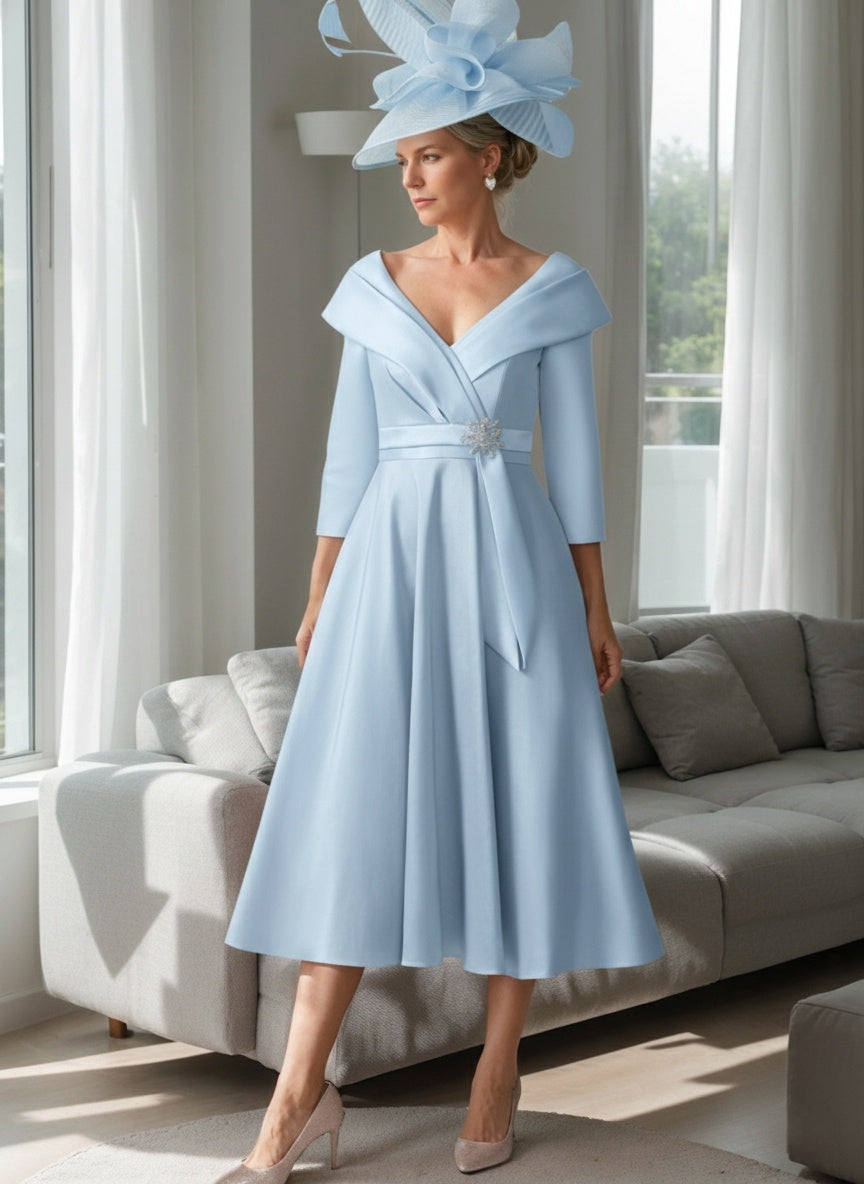 A Line/Princess V-Neck 3/4 Sleeves Tea-Length Mother of the Bride Dresses With Jewel