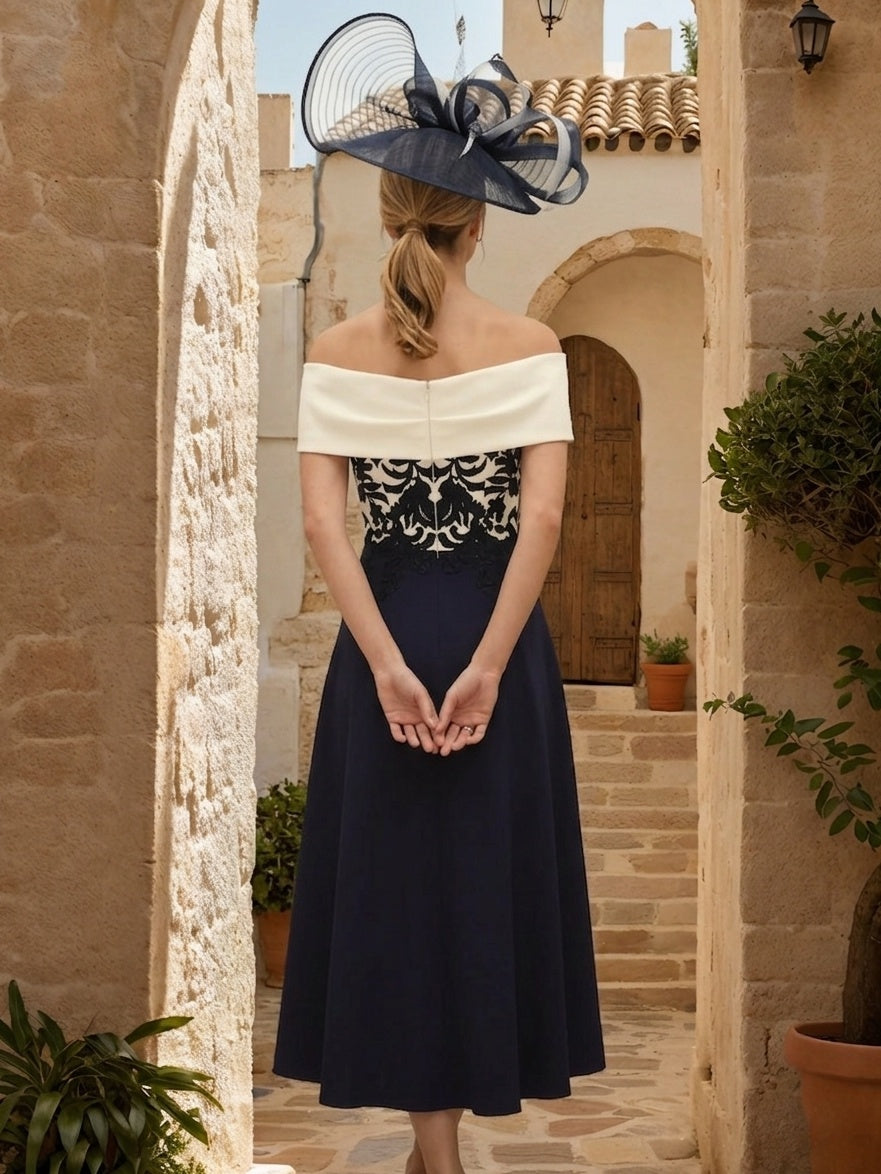 A Line/Princess One-Shoulder Short Sleeves Tea-Length Mother of the Bride Dresses With Lace & Pocket