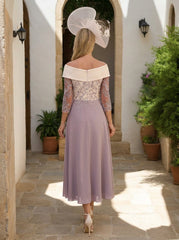 A Line/Princess Off-the-Shoulder 3/4 Sleeves Tea-Length Mother of the Bride Dresses With Lace
