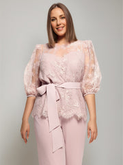 2 Pieces Round Neck Plus Size Half Sleeves Mother of the Bride Paintsuits with Lace & Sash
