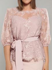 2 Pieces Round Neck Plus Size Half Sleeves Pencil Skirt Mother of the Bride Dresses with Lace & Sash