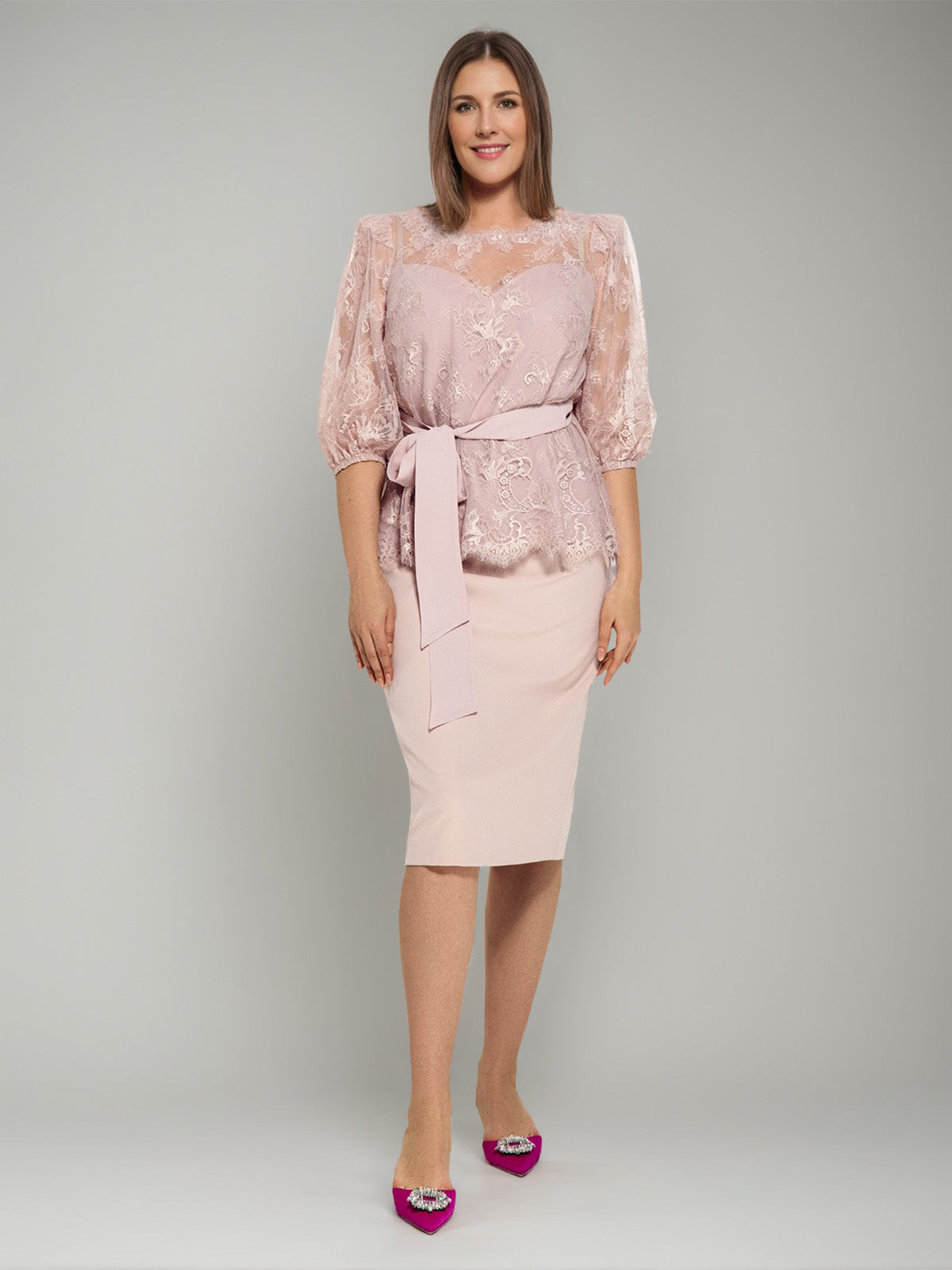 2 Pieces Round Neck Plus Size Half Sleeves Pencil Skirt Mother of the Bride Dresses with Lace & Sash