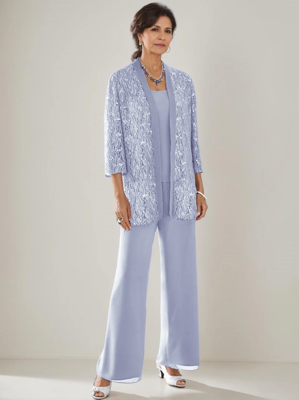 3 Pieces Scoop Neck 3/4 Sleeves Ankle-Length Mother of the Bride Pantsuits with Lace & Sequins & Jacket