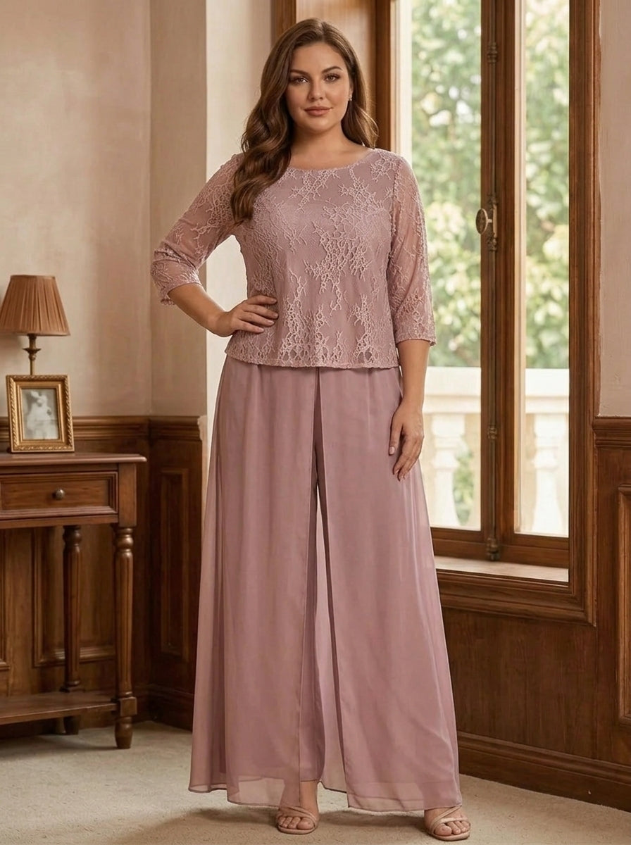 2 Pieces Scoop Plus Size Mother of the Bride Pantsuits 3/4 Sleeves Floor-Length with Lace Appliques