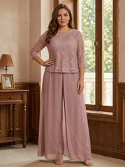 2 Pieces Scoop Plus Size Mother of the Bride Pantsuits 3/4 Sleeves Floor-Length with Lace Appliques