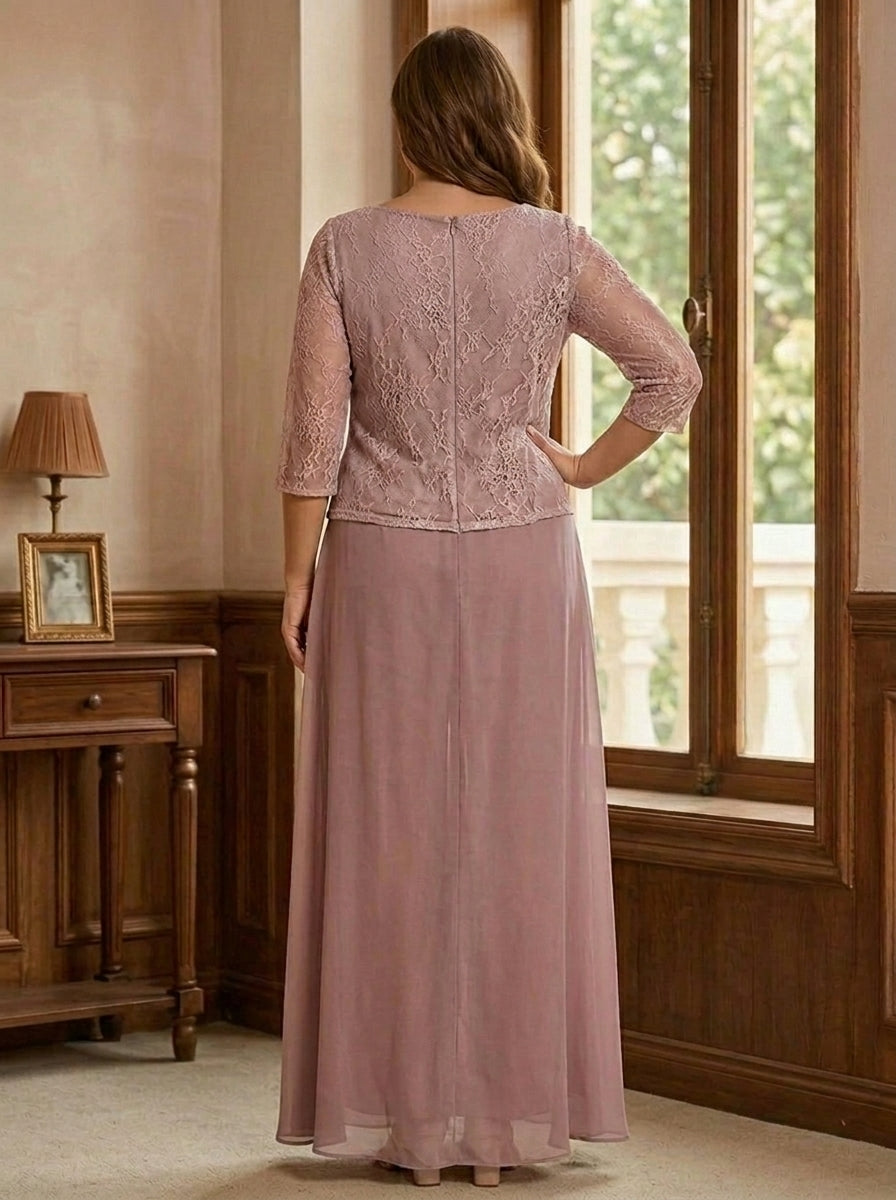 2 Pieces Scoop Plus Size Mother of the Bride Pantsuits 3/4 Sleeves Floor-Length with Lace Appliques