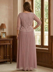2 Pieces Scoop Plus Size Mother of the Bride Pantsuits 3/4 Sleeves Floor-Length with Lace Appliques