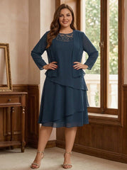 2 Pieces A-Line Scoop Chiffon Plus Size Mother of the Bride Dresses Sleeveless Knee-Length with Ruffles