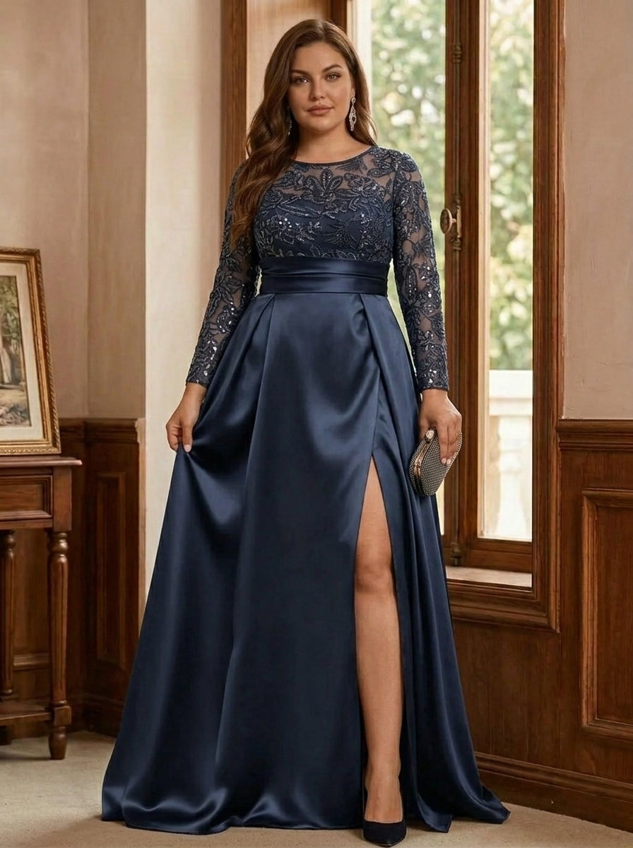 A-Line Scoop Satin Sequin Plus Size Mother of the Bride Dresses Long Sleeves Floor-Length Wedding Guest with Split Side