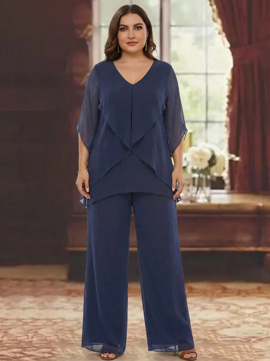 2 Pieces Chiffon V-Neck Plus Size Mother of the Bride Pantsuits with Ruffles Half Sleeves Ankle-Length