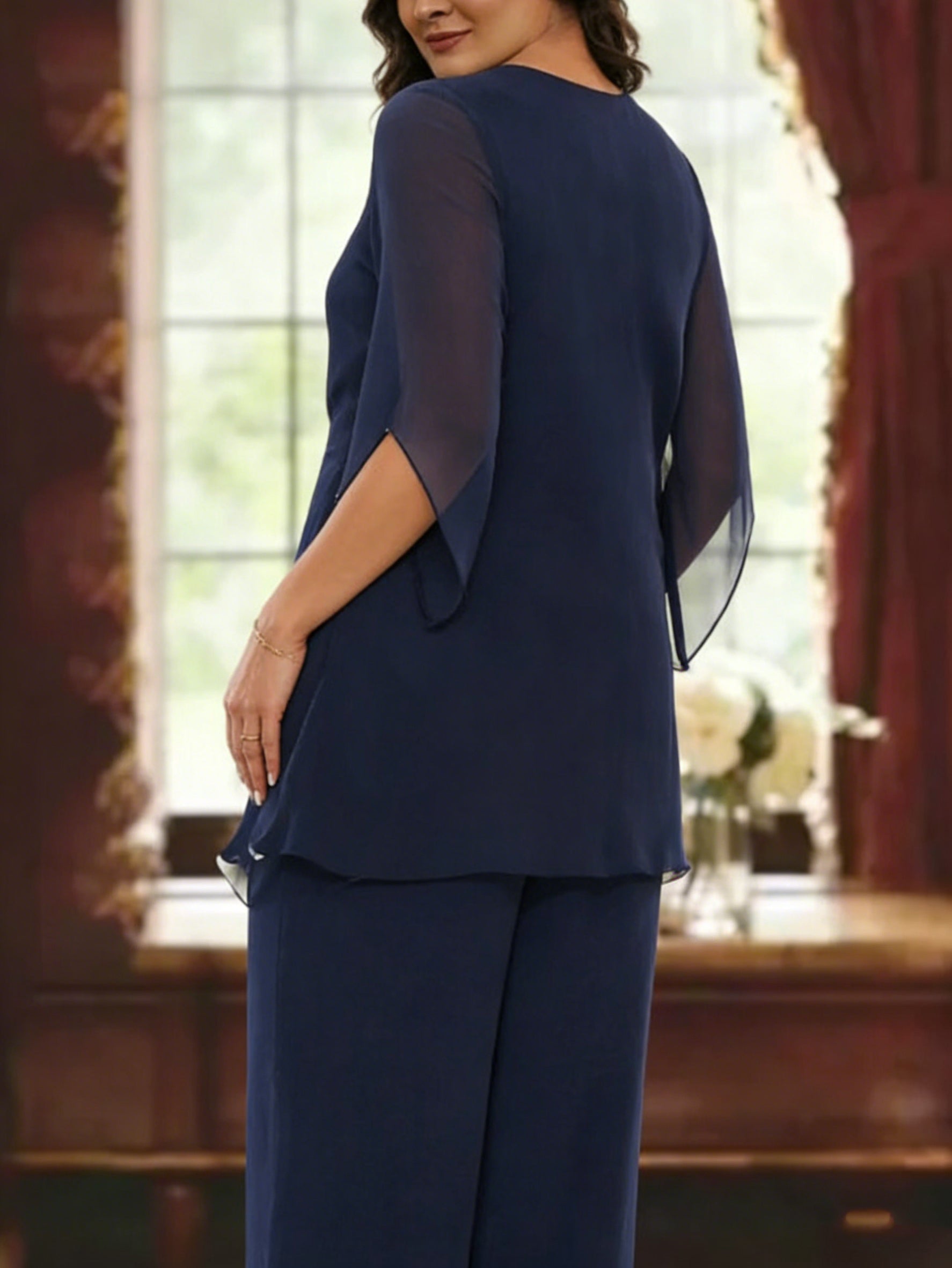 2 Pieces Chiffon V-Neck Plus Size Mother of the Bride Pantsuits with Ruffles Half Sleeves Ankle-Length