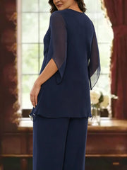 2 Pieces Chiffon V-Neck Plus Size Mother of the Bride Pantsuits with Ruffles Half Sleeves Ankle-Length