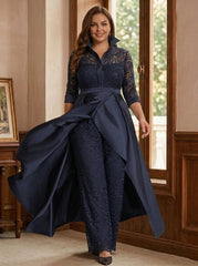 2 Pieces Plus Size Mother of the Bride Pantsuits Lace Shirt Collar 3/4 Sleeves Jumpsuit Ruched Detachable