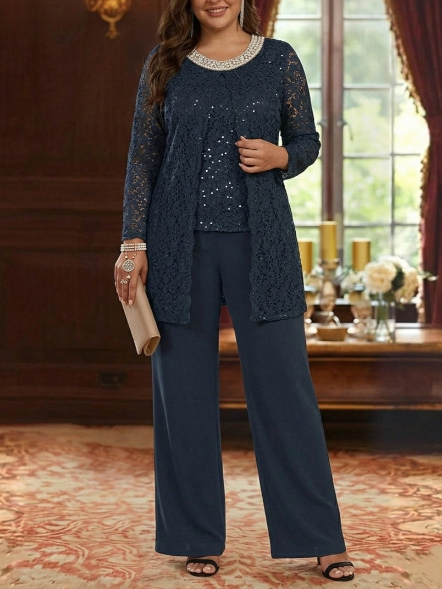 3 Pieces Chiffon Jewel Neck Plus Size Mother of the Bride Pantsuits with Jacket Lace Ankle-Length Half Sleeves