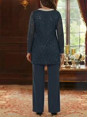 3 Pieces Chiffon Jewel Neck Plus Size Mother of the Bride Pantsuits with Jacket Lace Ankle-Length Half Sleeves