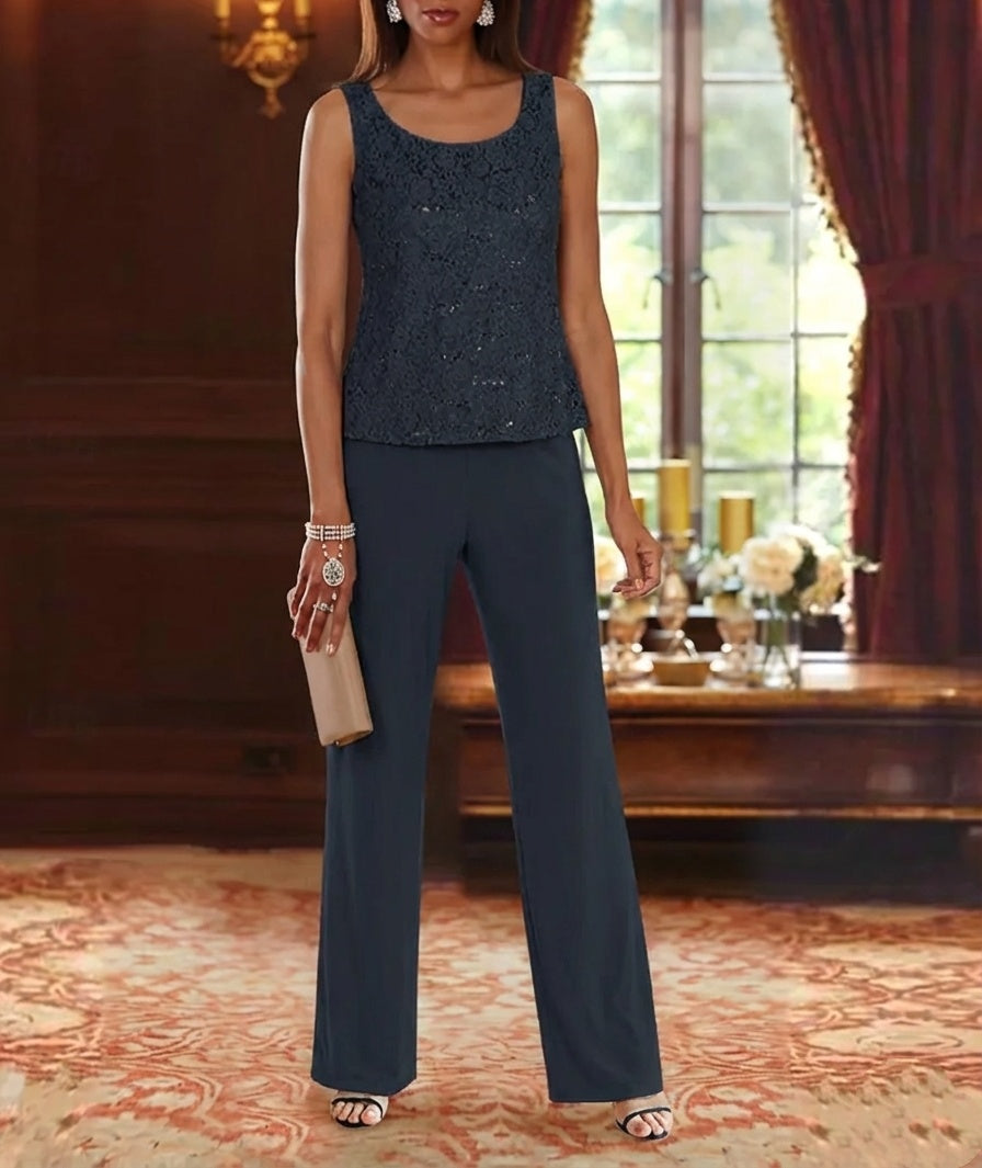 3 Pieces Chiffon Jewel Neck Mother of the Bride Pantsuits with Jacket Lace Ankle-Length Half Sleeves