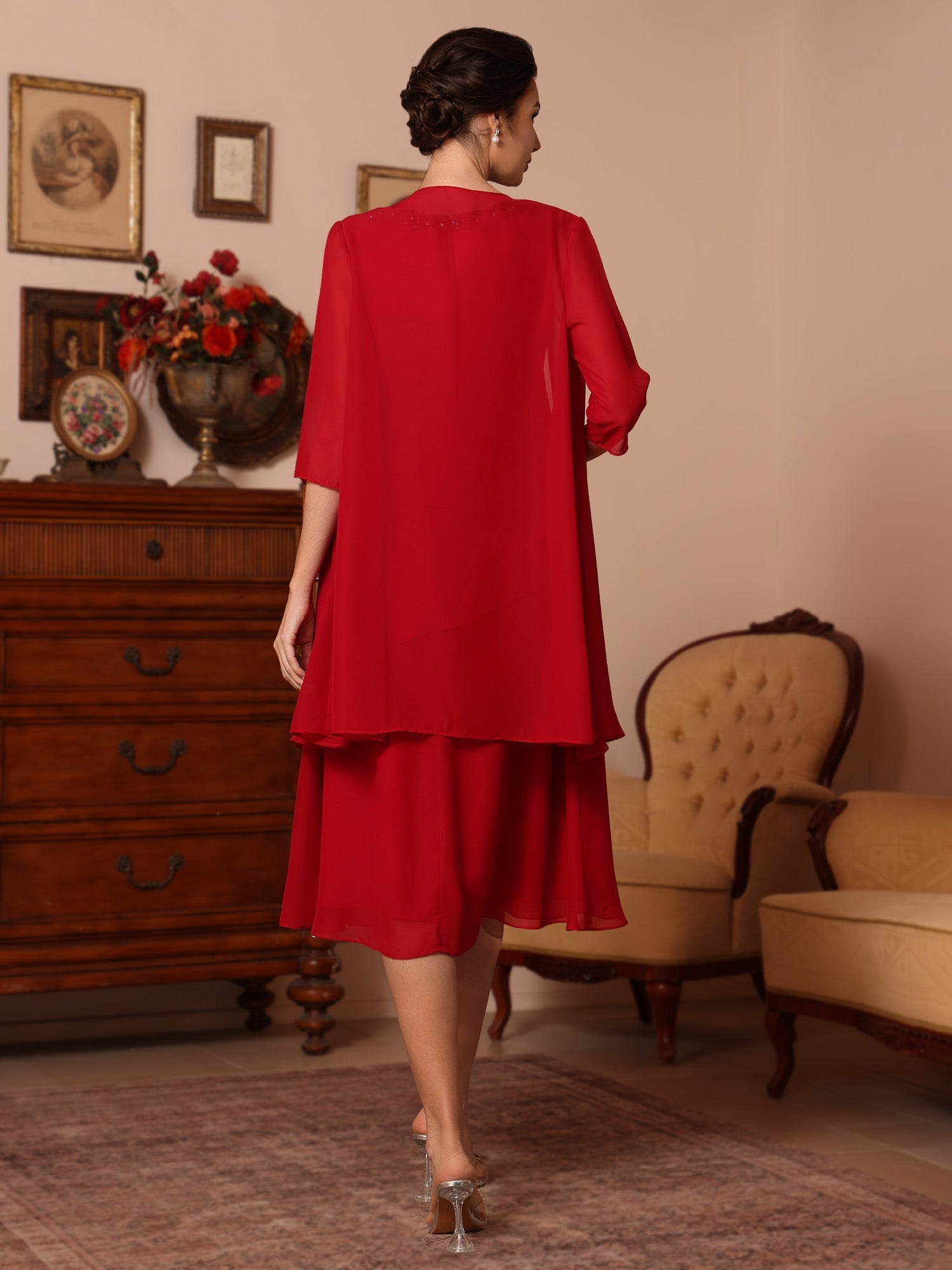2 Pieces Sheath/Column V-Neck Chiffon Mother of the Bride Dresses with Jacket Beading Knee-Length Half Sleeves