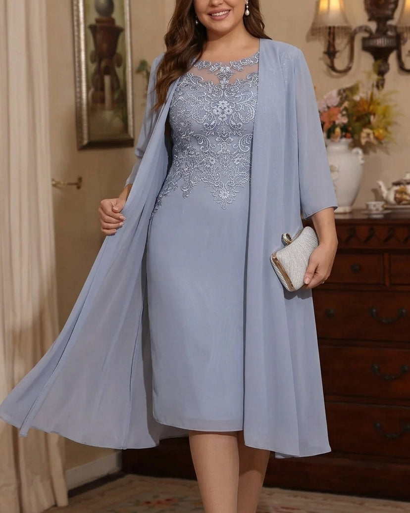 2 Pieces Sheath/Column Scoop Chiffon Plus Size Mother of the Bride Dresses with Jacket Lace Knee-Length 3/4 Sleeves