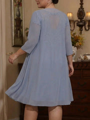 2 Pieces Sheath/Column Scoop Chiffon Plus Size Mother of the Bride Dresses with Jacket Lace Knee-Length 3/4 Sleeves