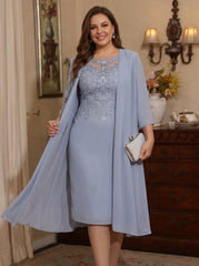 2 Pieces Sheath/Column Scoop Chiffon Plus Size Mother of the Bride Dresses with Jacket Lace Knee-Length 3/4 Sleeves