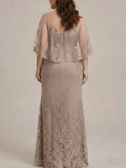 2 Pieces Sheath/Column Scoop Lace Plus Size Mother of the Bride Dresses with Wrap Beading Half Sleeves Floor-Length