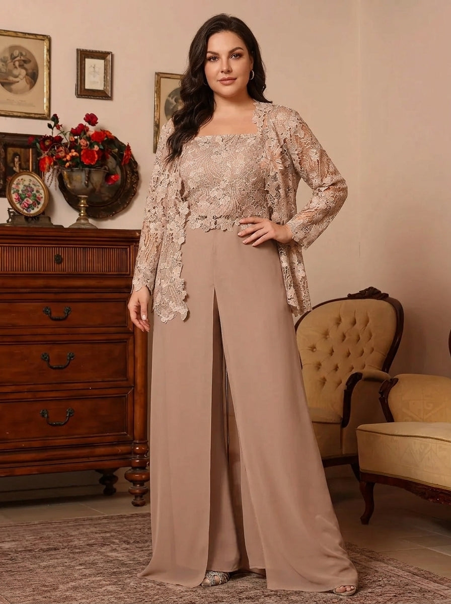 3 Pieces Square Collar Chiffon Plus Size Mother of the Bride Pantsuits with Jacket Overskirt Lace Floral Floor-Length Long Sleeves