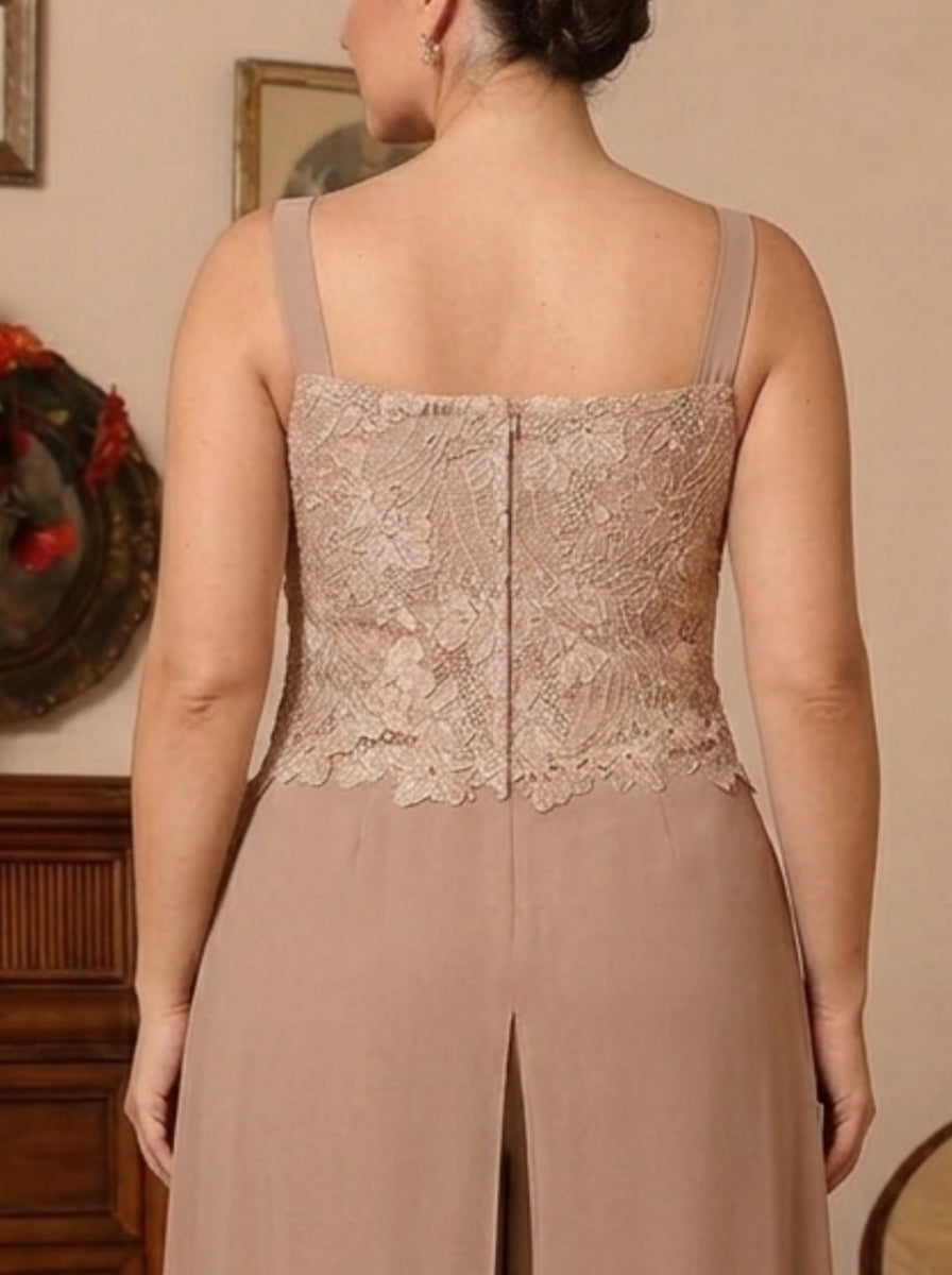 3 Pieces Square Collar Chiffon Plus Size Mother of the Bride Pantsuits with Jacket Overskirt Lace Floral Floor-Length Long Sleeves