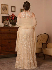 2 Pieces Sheath/Column Lace Plus Size Mother of the Bride Dresses with Shawl Scoop Beading Sleeveless Floor-Length