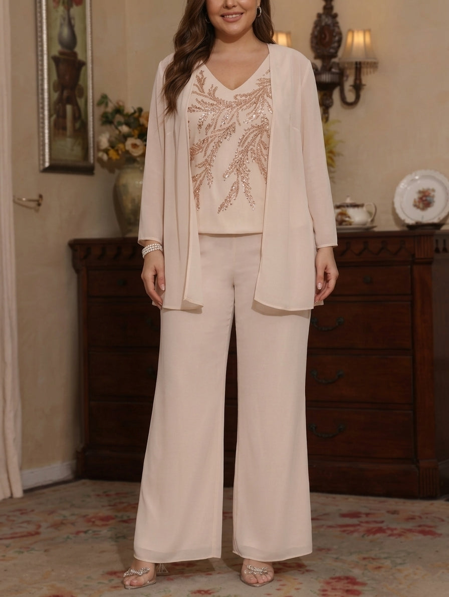 3 Pieces V-Neck Chiffon Plus Size Mother of the Bride Pantsuits with Jacket Sequins Ankle-Length Long Sleeves