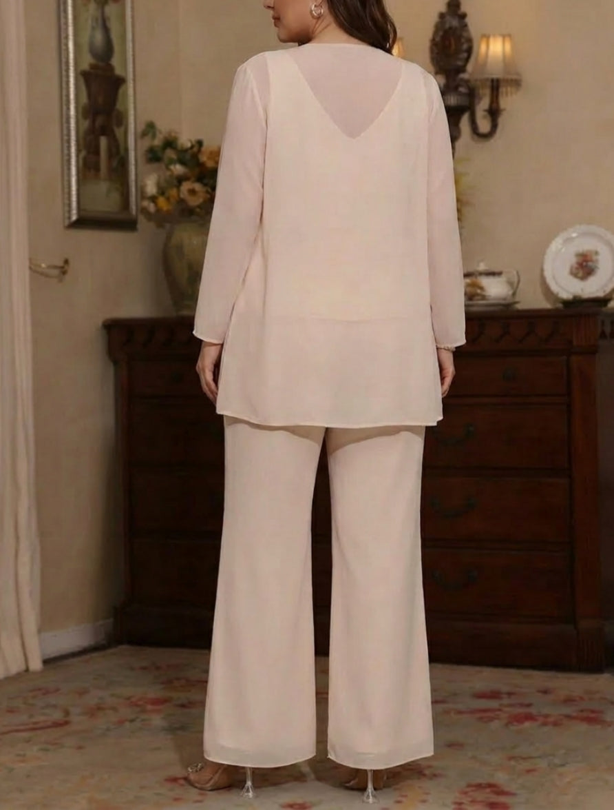 3 Pieces V-Neck Chiffon Plus Size Mother of the Bride Pantsuits with Jacket Sequins Ankle-Length Long Sleeves