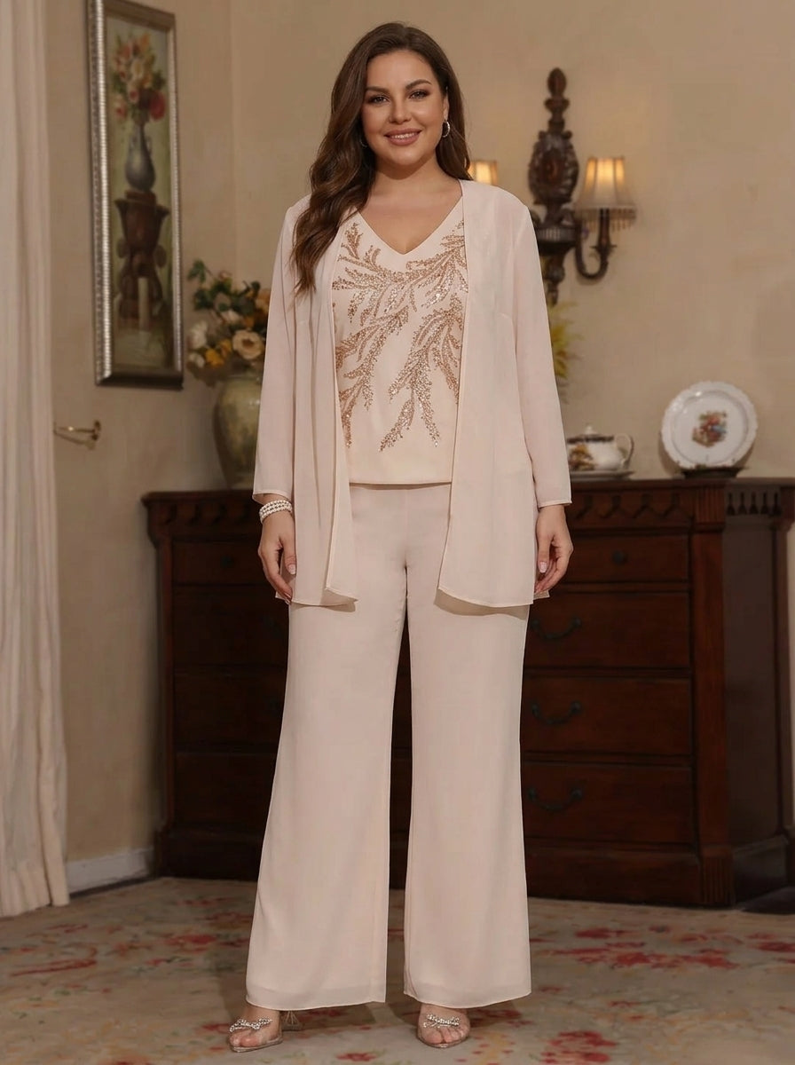 3 Pieces V-Neck Chiffon Plus Size Mother of the Bride Pantsuits with Jacket Sequins Ankle-Length Long Sleeves