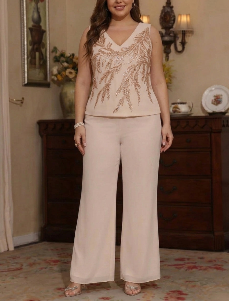 3 Pieces V-Neck Chiffon Plus Size Mother of the Bride Pantsuits with Jacket Sequins Ankle-Length Long Sleeves