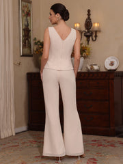 3 Pieces V-Neck Chiffon Mother of the Bride Pantsuits with Jacket Sequins Ankle-Length Long Sleeves