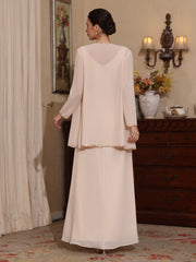 2 Pieces A-Line/Princess V-Neck Chiffon Mother of the Bride Dresses with Jacket Sequins Ankle-Length Long Sleeves