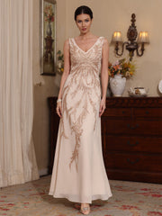 2 Pieces A-Line/Princess V-Neck Chiffon Mother of the Bride Dresses with Jacket Sequins Ankle-Length Long Sleeves