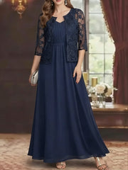 2 Piece A-Line/Princess V-Neck Chiffon Mother of the Bride Dresses with Jacket Lace Ankle-Length Long Sleeves