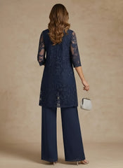 3 Pieces Scoop Chiffon Mother of the Bride Pantsuits with Jacket Lace Ankle-Length 3/4 Sleeves