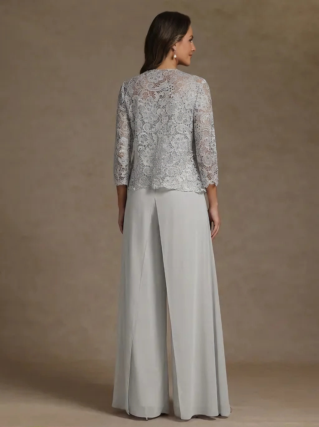 3 Pieces Square Collar Chiffon Mother of the Bride Pantsuits with Jacket Lace Ankle-Length with Overskirt Long Sleeves