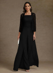 3 Pieces Square Collar Chiffon Mother of the Bride Pantsuits with Jacket Lace Ankle-Length with Overskirt Long Sleeves