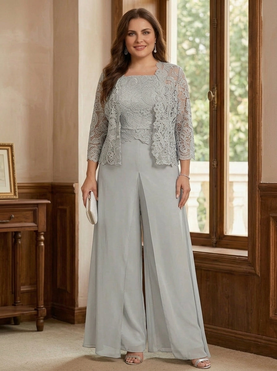 3 Pieces Square Collar Chiffon Plus Size Mother of the Bride Pantsuits with Jacket Lace Ankle-Length with Overskirt 3/4 Sleeves