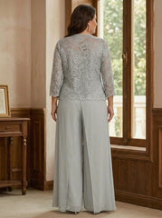 3 Pieces Square Collar Chiffon Plus Size Mother of the Bride Pantsuits with Jacket Lace Ankle-Length with Overskirt 3/4 Sleeves