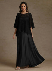 2 Pieces A-Line/Princess Silk Satin Scoop Mother ofthe Bride Dresses  Lace Floor Length Short Sleeves