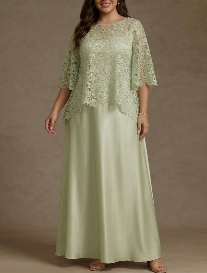 2 Pieces A-Line/Princess Silk Satin Scoop Plus Size Mother ofthe Bride Dresses Lace Floor Length Short Sleeves