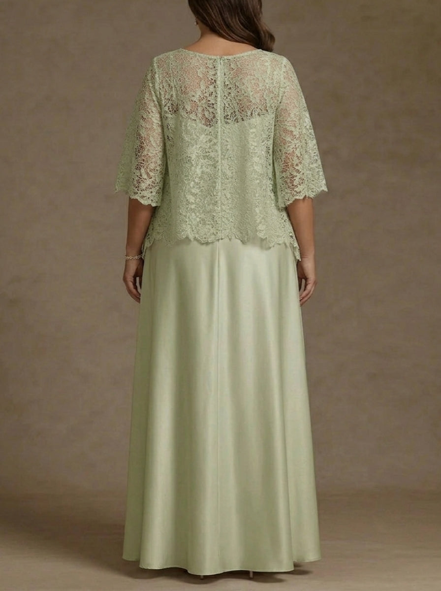 2 Pieces A-Line/Princess Silk Satin Scoop Plus Size Mother ofthe Bride Dresses Lace Floor Length Short Sleeves